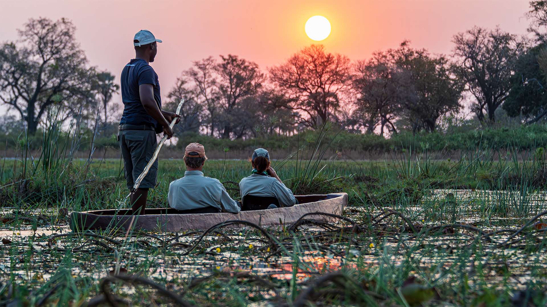 Okavango Delta on poled mokoro rides in traditional dugout canoes, Botswana