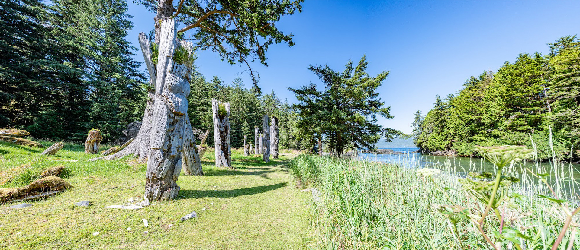 Totem poles made by Indigenous inhabitants in Canada on the beautiful SGang Gwaay Village