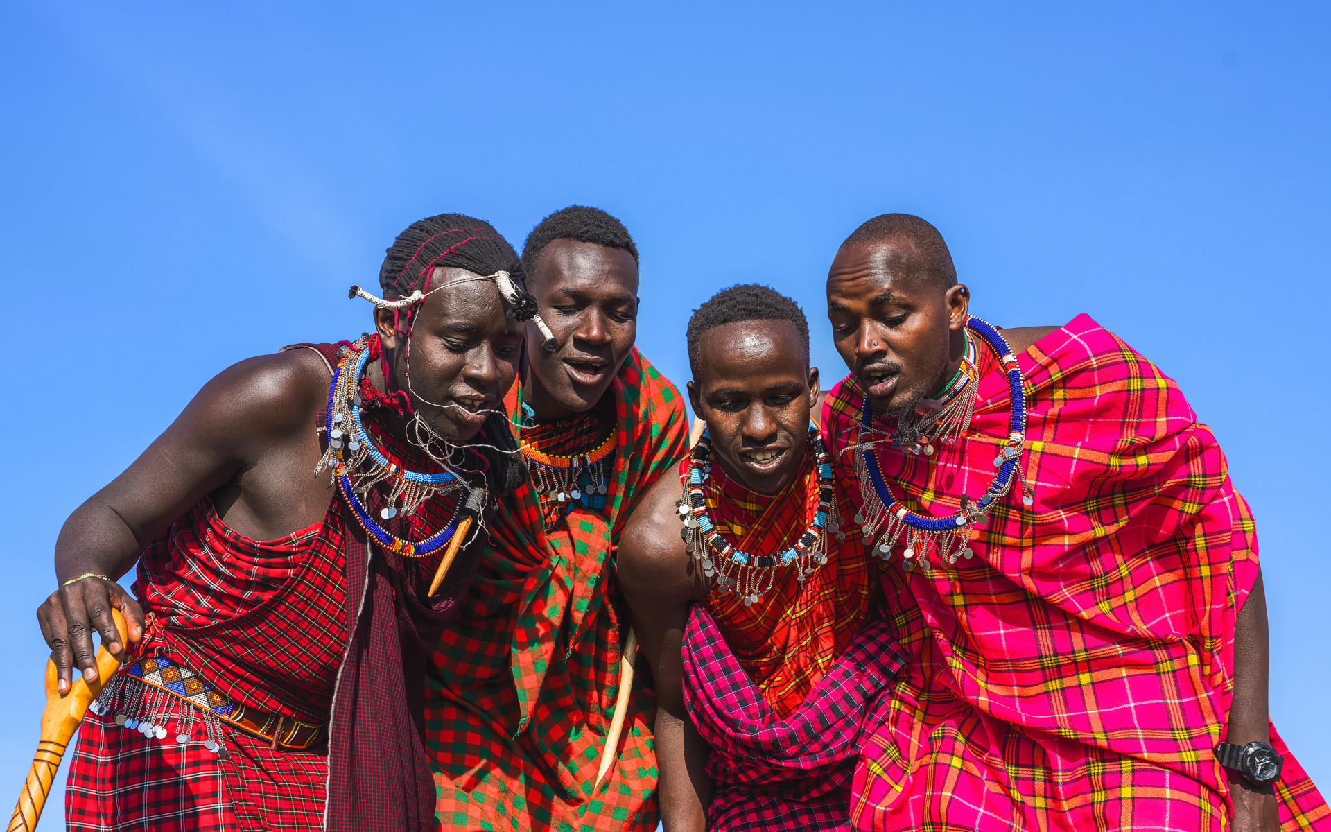 Maasai Mara man in traditional colorful clothing showing traditional Maasai jumping dance at Maasai Mara tribe village famous Safari travel destination near Maasai Mara National Reserve Kenya
